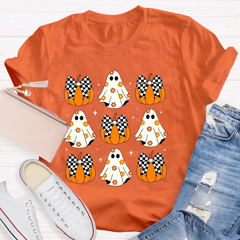 Floral Ghost Checkered Bow Pumpkin Halloween Teacher T-shirt