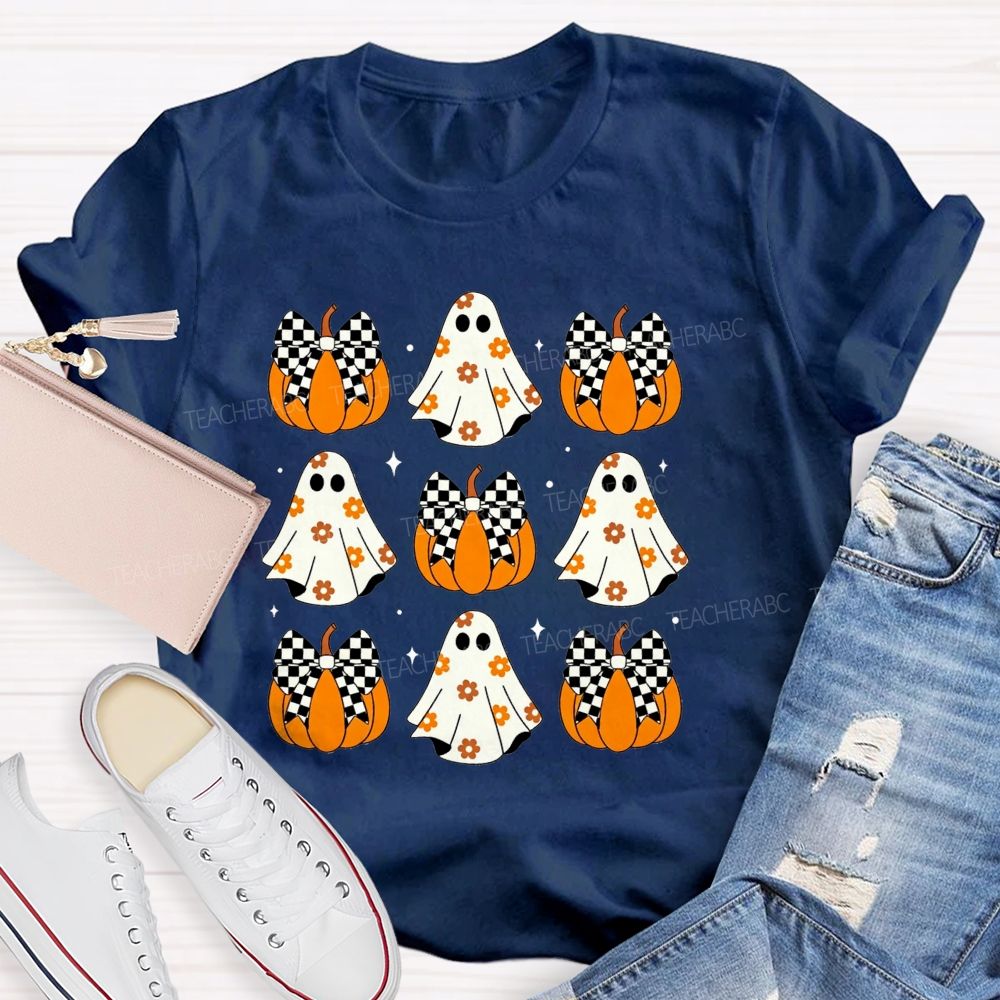 Floral Ghost Checkered Bow Pumpkin Halloween Teacher T-shirt