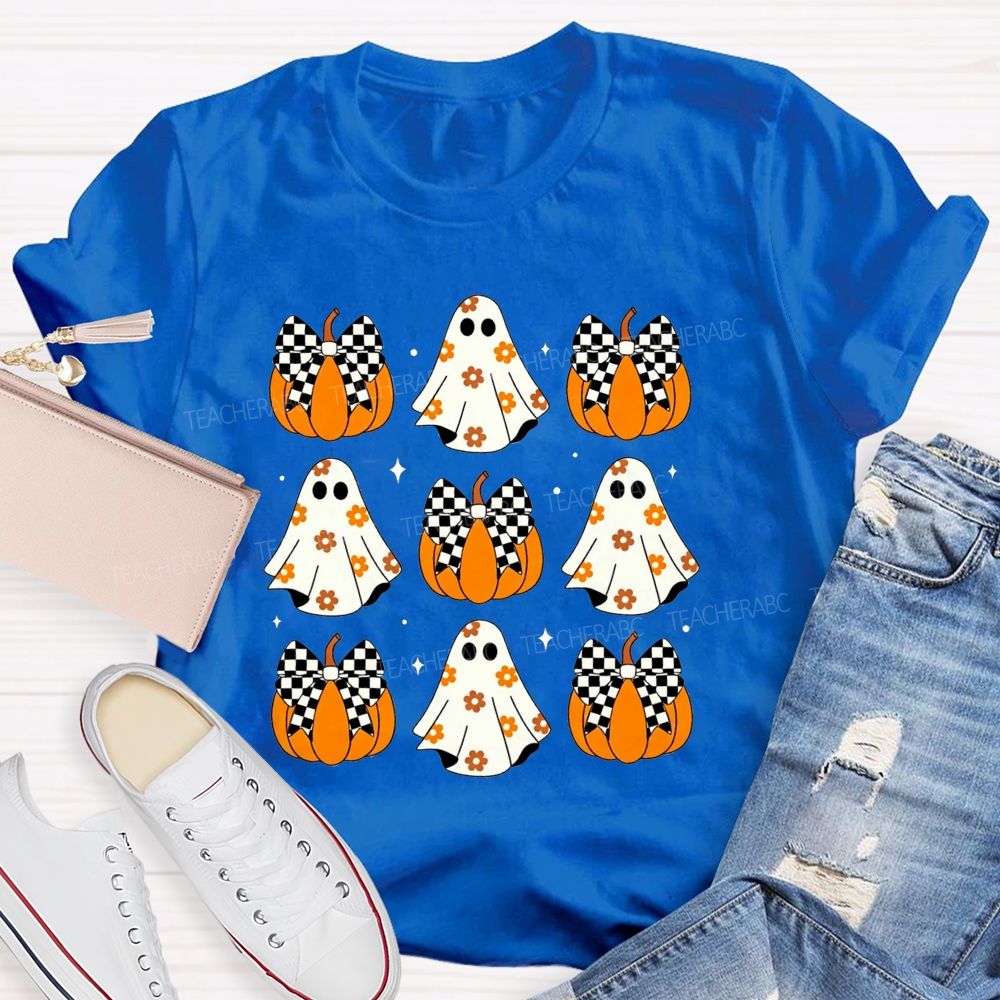 Floral Ghost Checkered Bow Pumpkin Halloween Teacher T-shirt