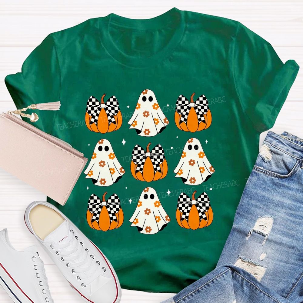 Floral Ghost Checkered Bow Pumpkin Halloween Teacher T-shirt