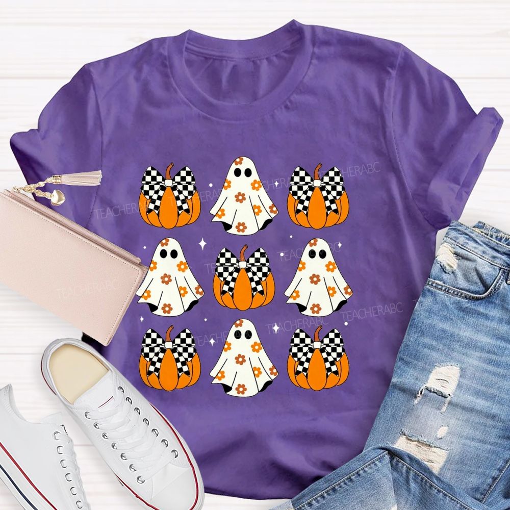 Floral Ghost Checkered Bow Pumpkin Halloween Teacher T-shirt
