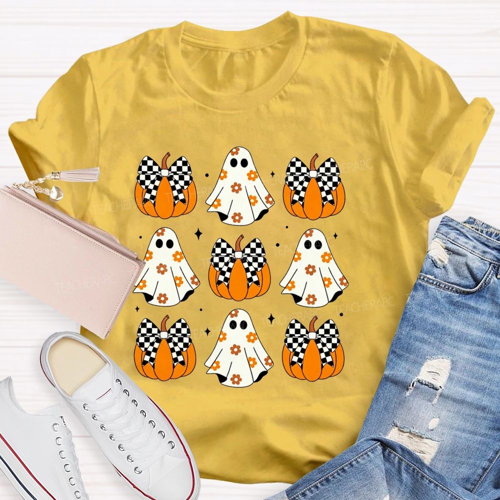 Floral Ghost Checkered Bow Pumpkin Halloween Teacher T-shirt