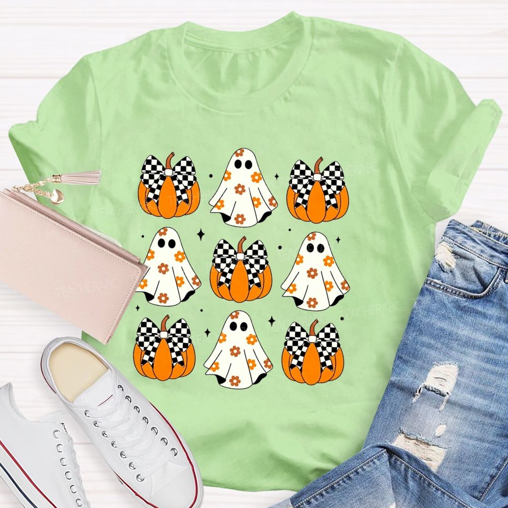 Floral Ghost Checkered Bow Pumpkin Halloween Teacher T-shirt