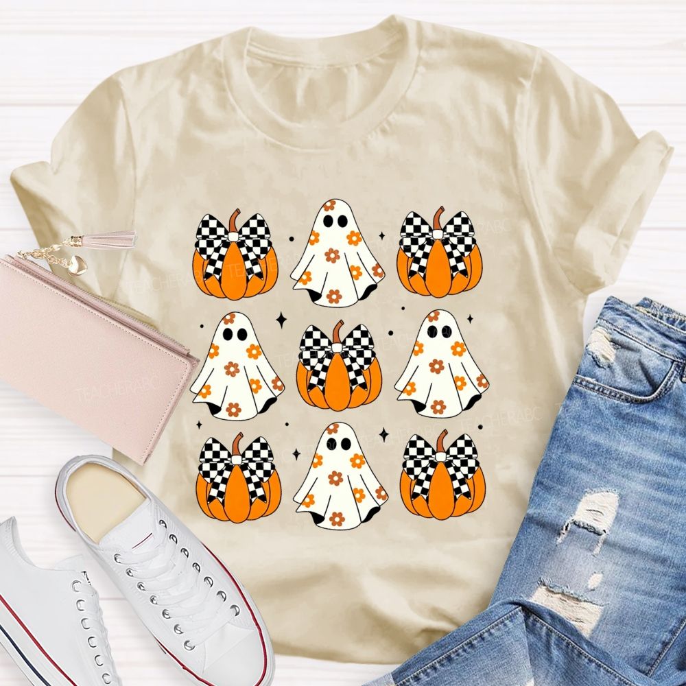 Floral Ghost Checkered Bow Pumpkin Halloween Teacher T-shirt