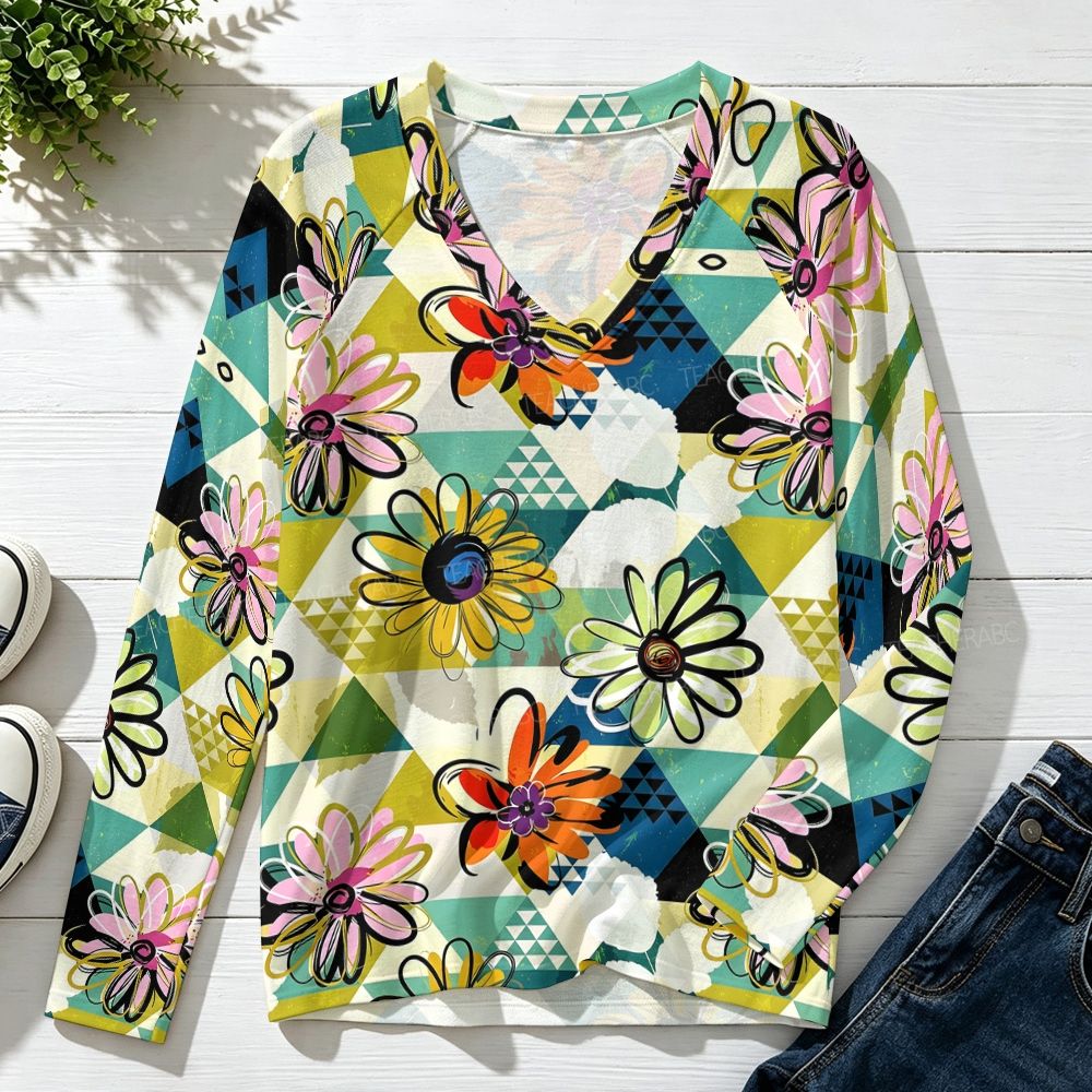 Green Geometric Floral Pattern Raglan V-Neck Long Sleeve Top