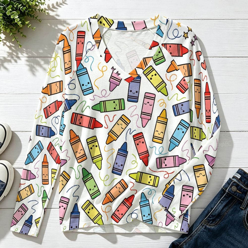 Smile Crayon Raglan V-Neck Long Sleeve Top