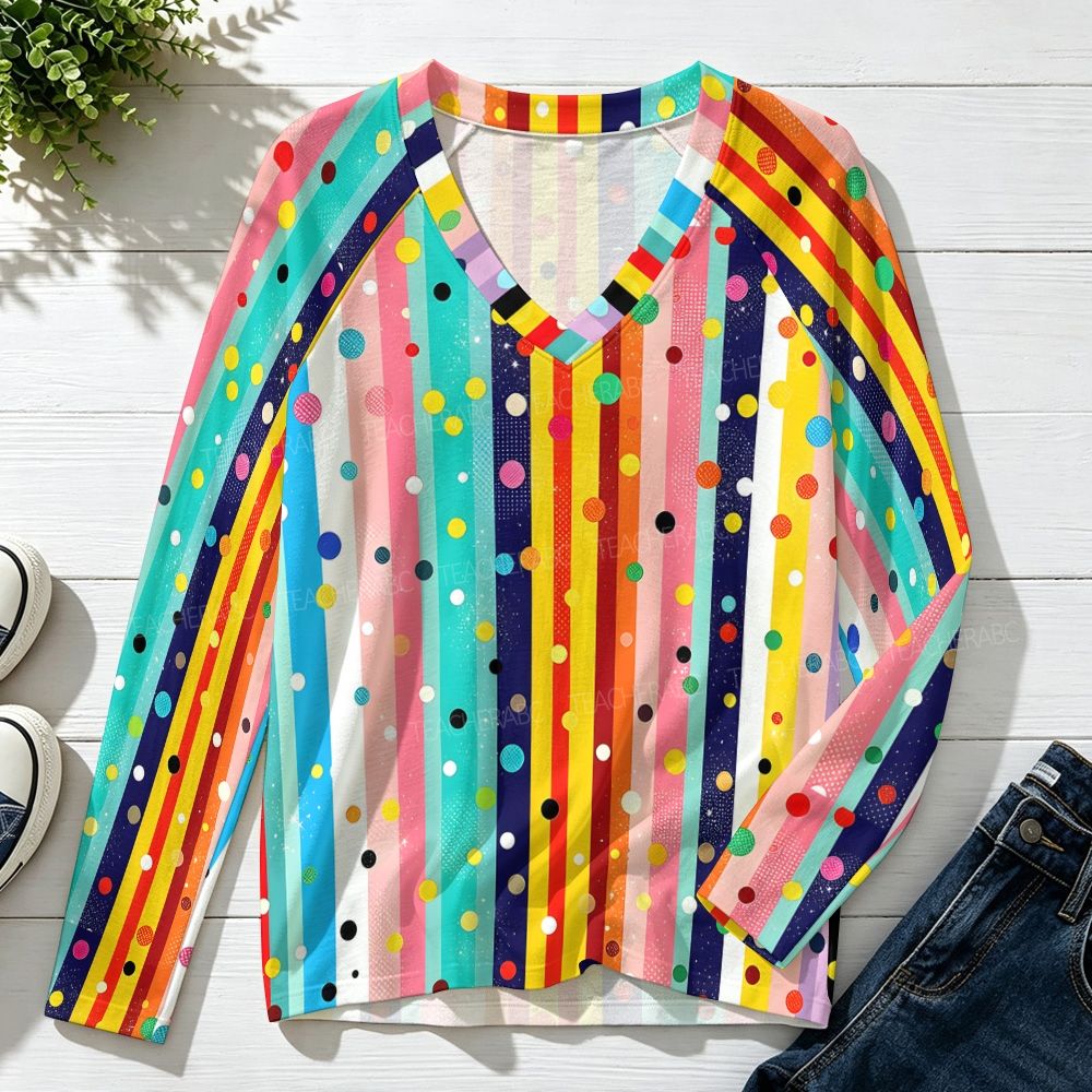 Colorful Lines And Polka Dots Raglan V-Neck Long Sleeve Top