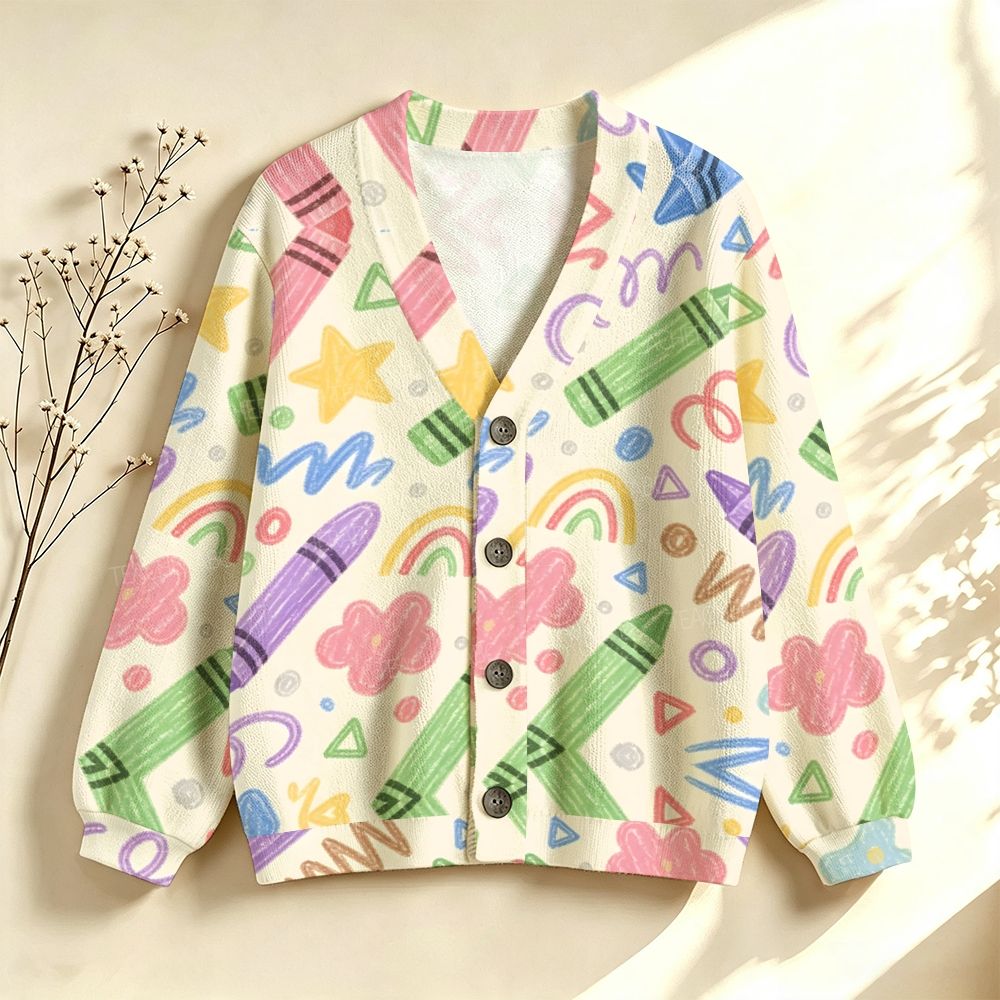 Colorful Crayons Cute Flower Teacher Sweater-Style Cardigan