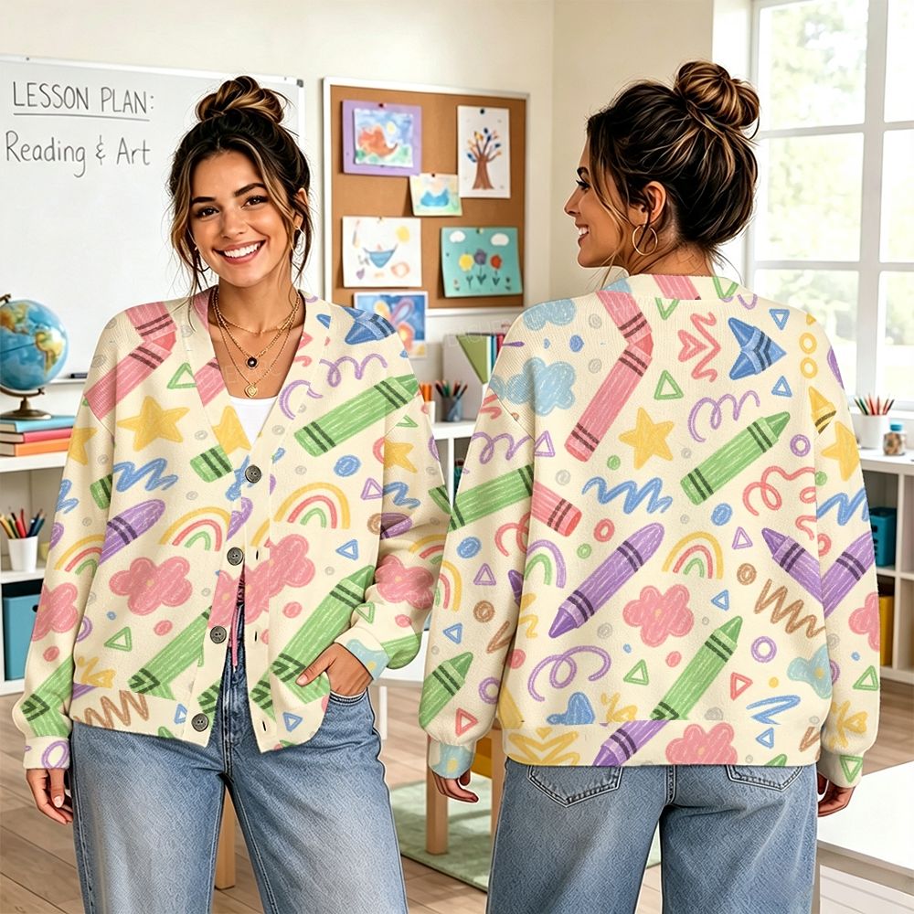Colorful Crayons Cute Flower Teacher Sweater-Style Cardigan