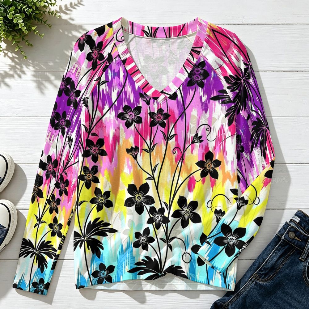 Gradient-Colored Floral Pattern Raglan V-Neck Long Sleeve Top