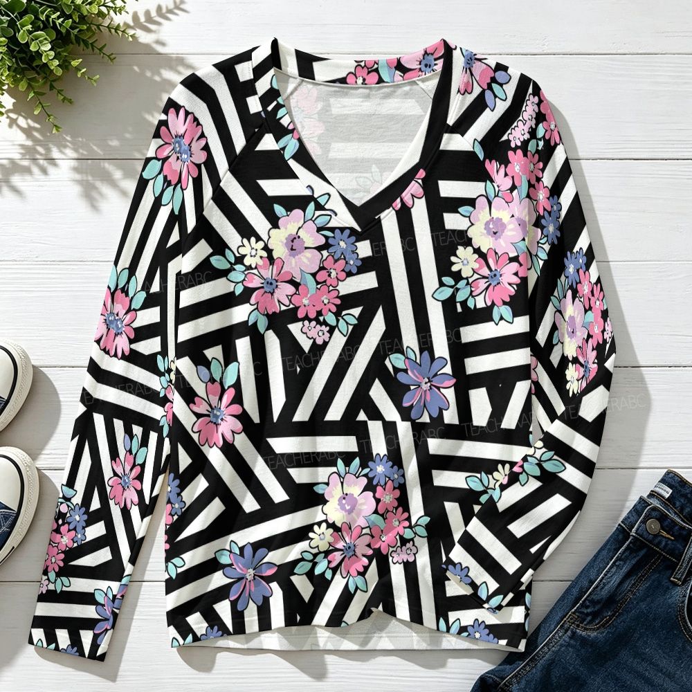 Black White Floral Raglan V-Neck Long Sleeve Top