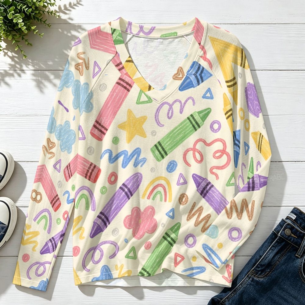 Colored Crayons Raglan V-Neck Long Sleeve Top