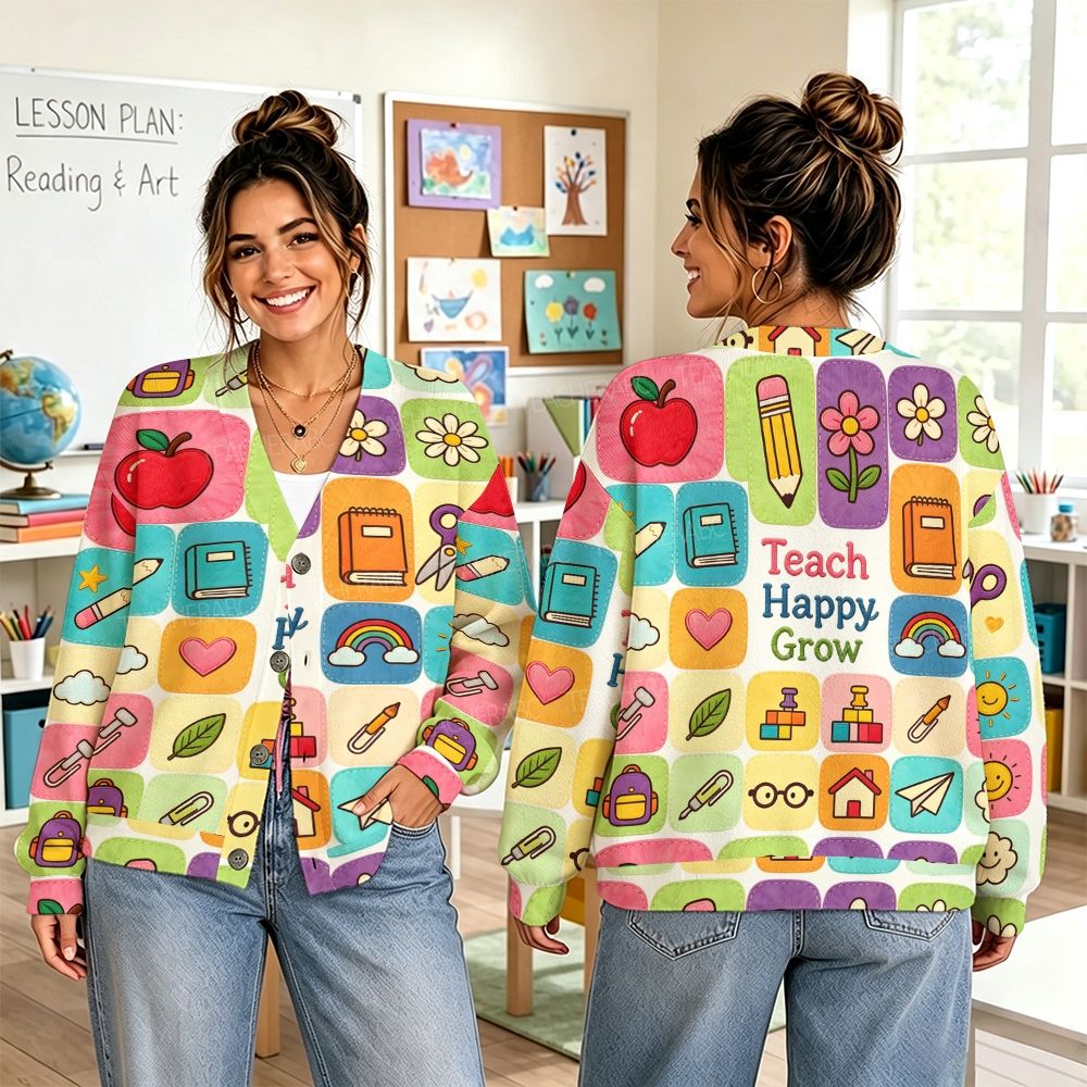 Colored Blocks Sunshine Flower Teacher Sweater-Style Cardigan