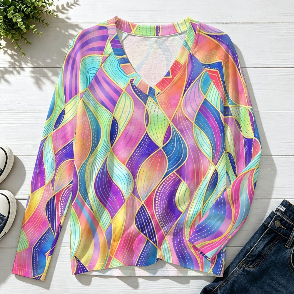 Irregular Curved Geometric Stripe Print Raglan V-Neck Long Sleeve Top