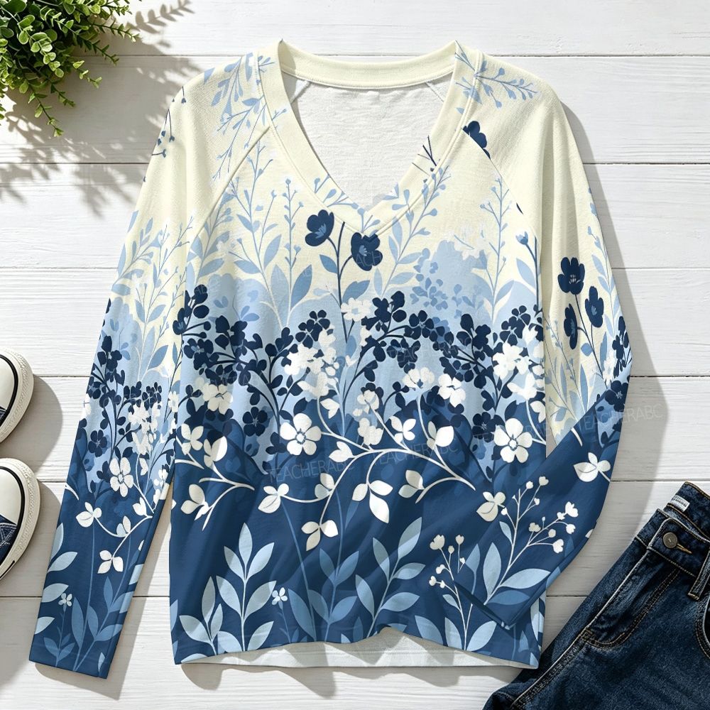 Blue Floral Raglan V-Neck Long Sleeve Top