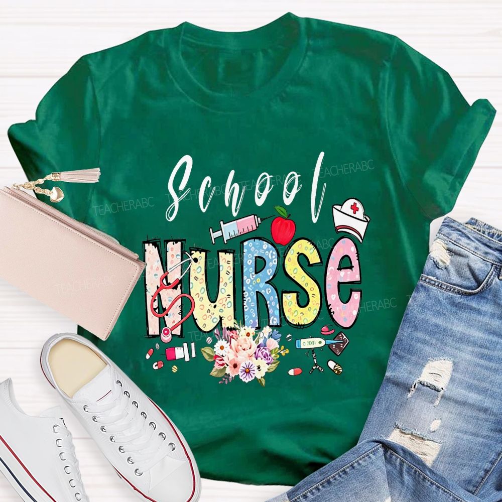 Apple Flowers And All The School Nurse T-shirt