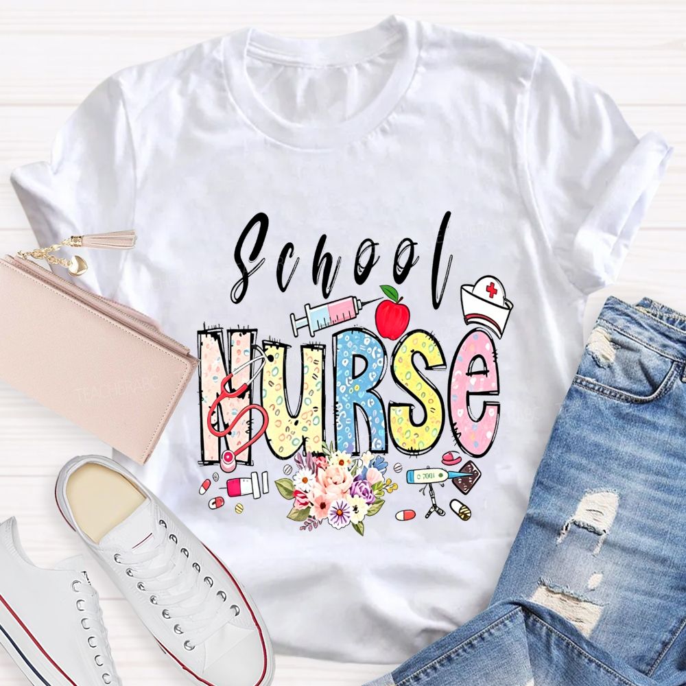 Apple Flowers And All The School Nurse T-shirt
