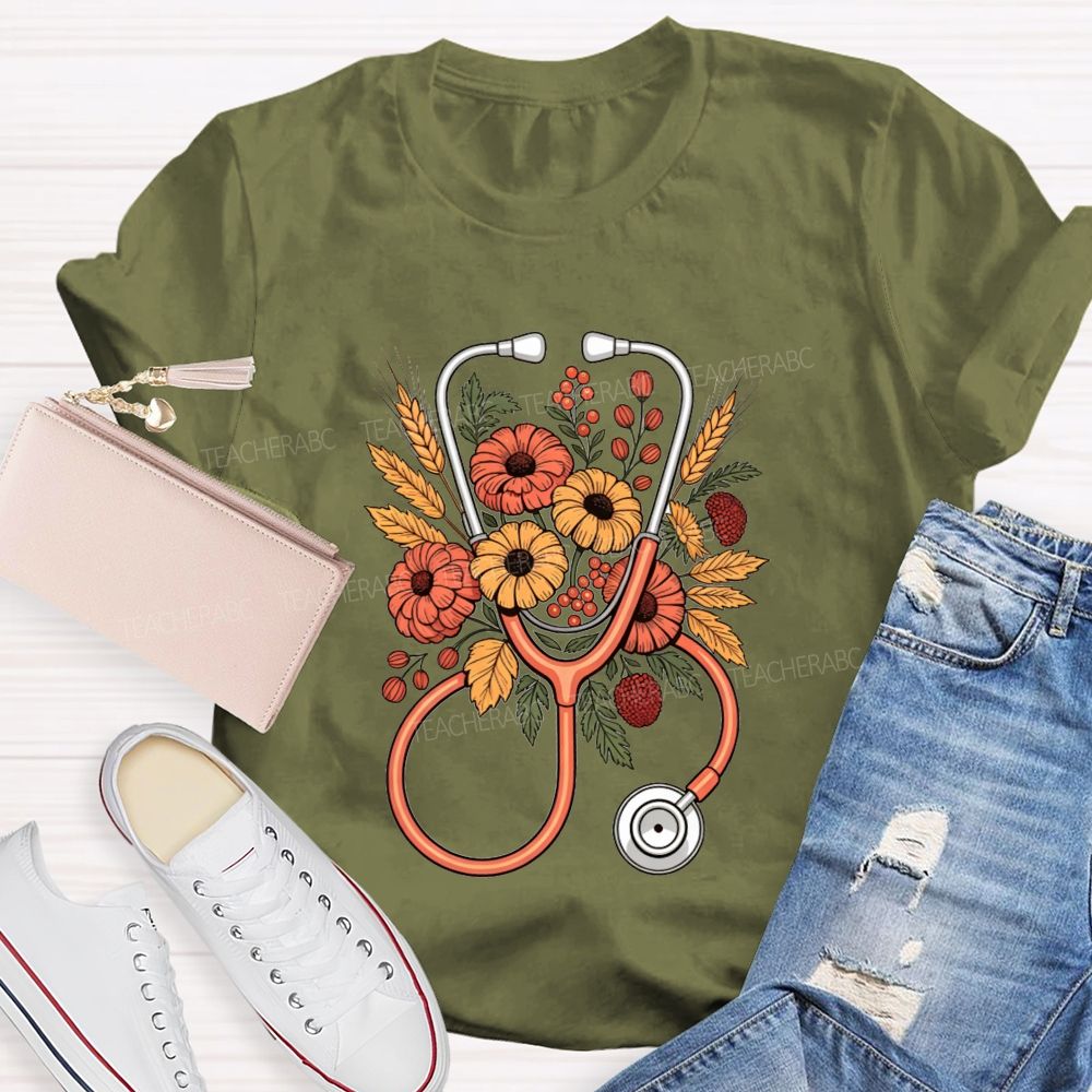 School Nurse Fall Flowers And Healing Hearts T-shirt