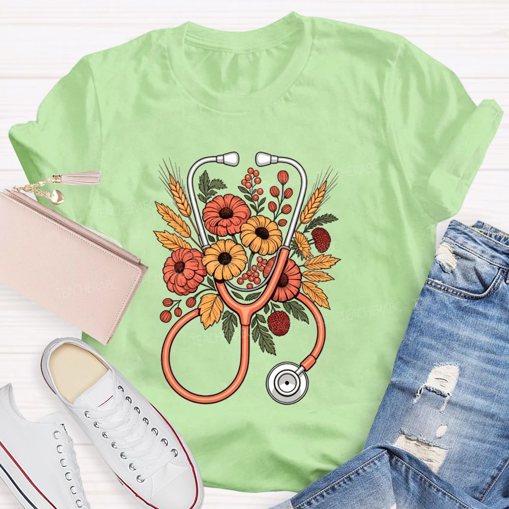 School Nurse Fall Flowers And Healing Hearts T-shirt