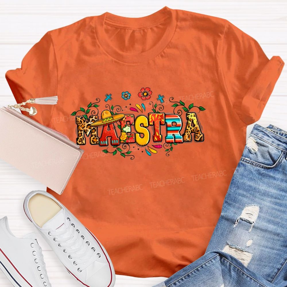 Maestra Fiesta Leopard Serape Floral Teacher T-shirt