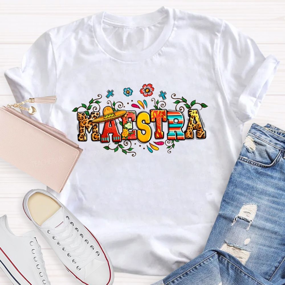 Maestra Fiesta Leopard Serape Floral Teacher T-shirt