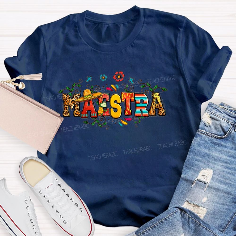 Maestra Fiesta Leopard Serape Floral Teacher T-shirt
