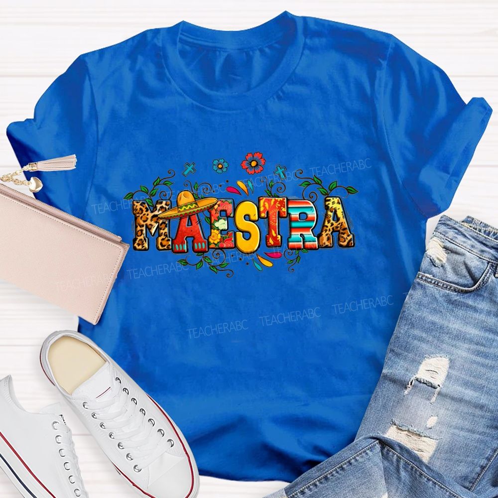 Maestra Fiesta Leopard Serape Floral Teacher T-shirt