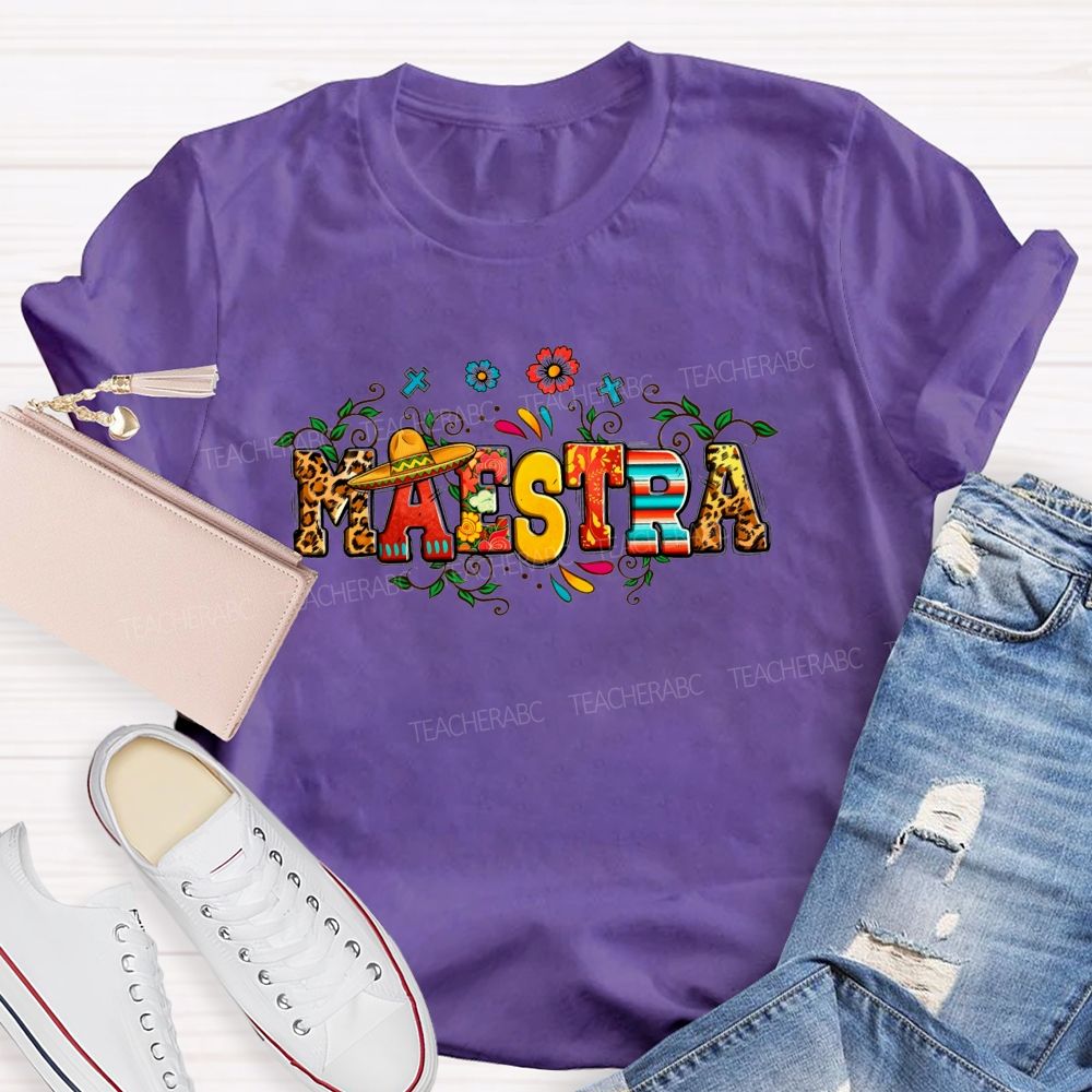 Maestra Fiesta Leopard Serape Floral Teacher T-shirt