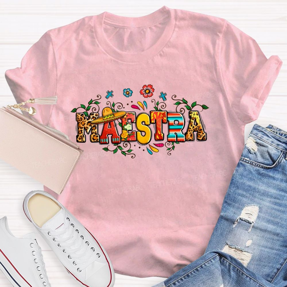 Maestra Fiesta Leopard Serape Floral Teacher T-shirt