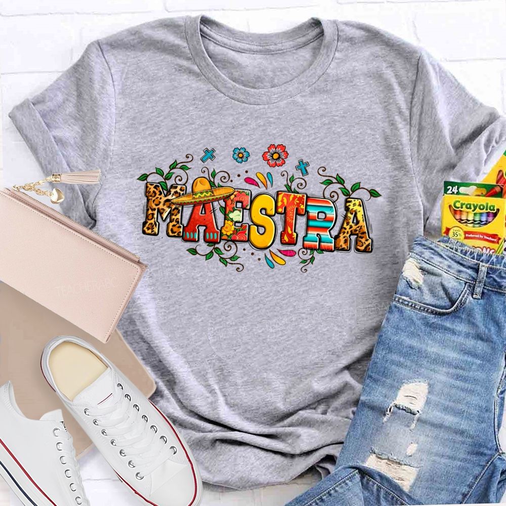Maestra Fiesta Leopard Serape Floral Teacher T-shirt