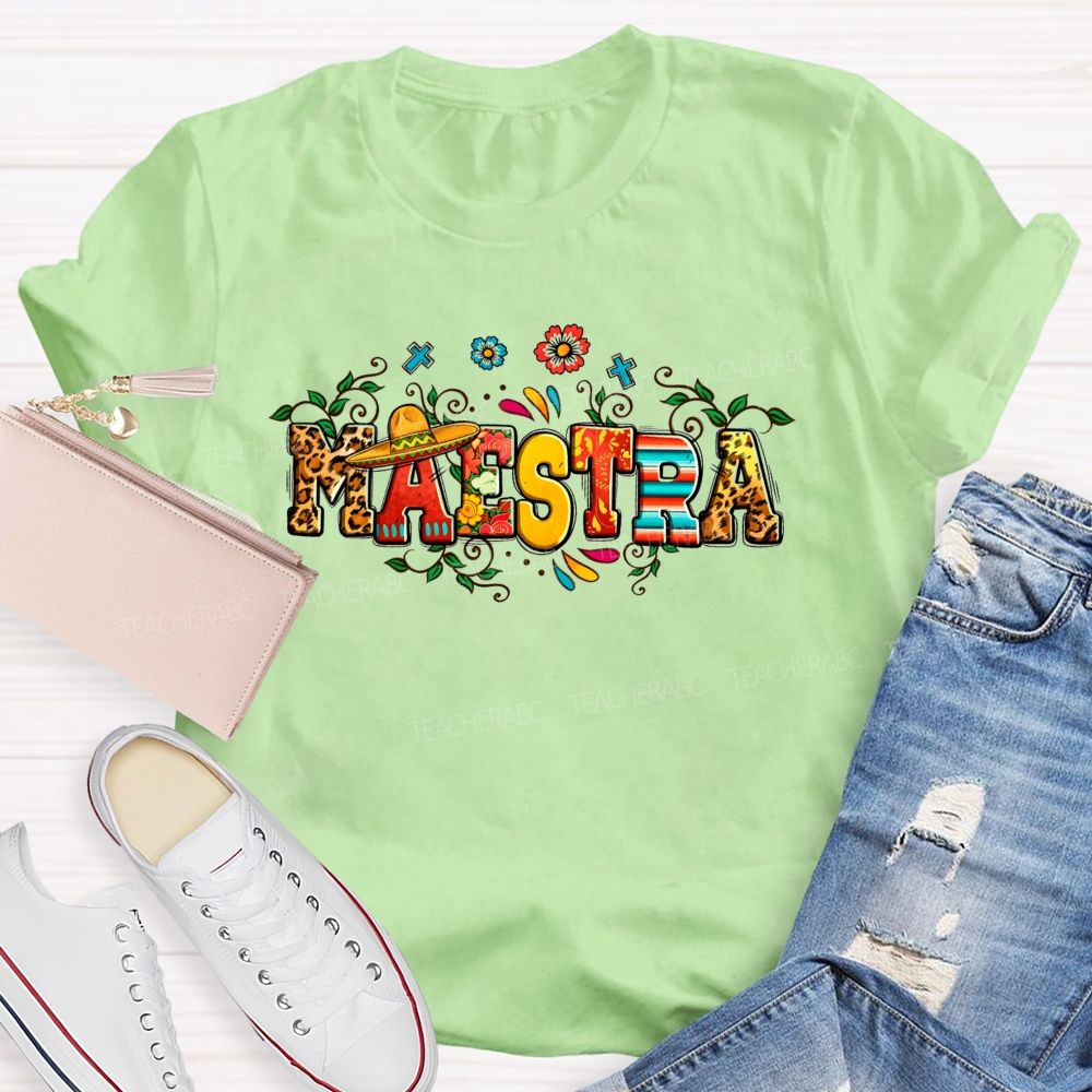 Maestra Fiesta Leopard Serape Floral Teacher T-shirt