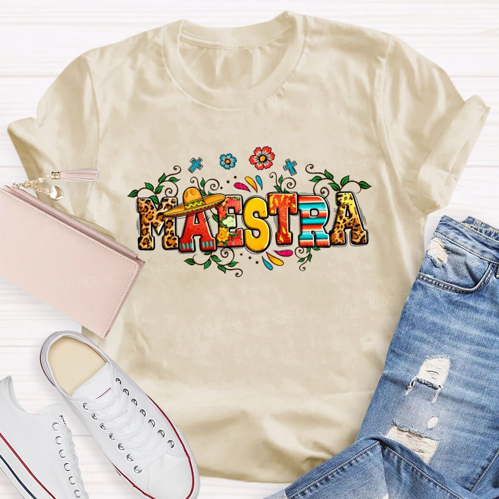 Maestra Fiesta Leopard Serape Floral Teacher T-shirt