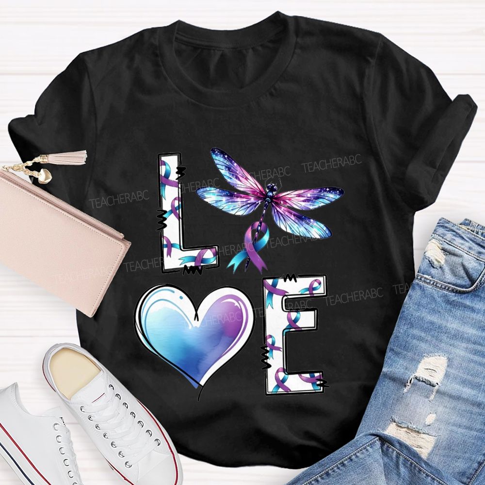 Love Dragonfly Purple Teal Ribbon And Heart Teacher T-shirt