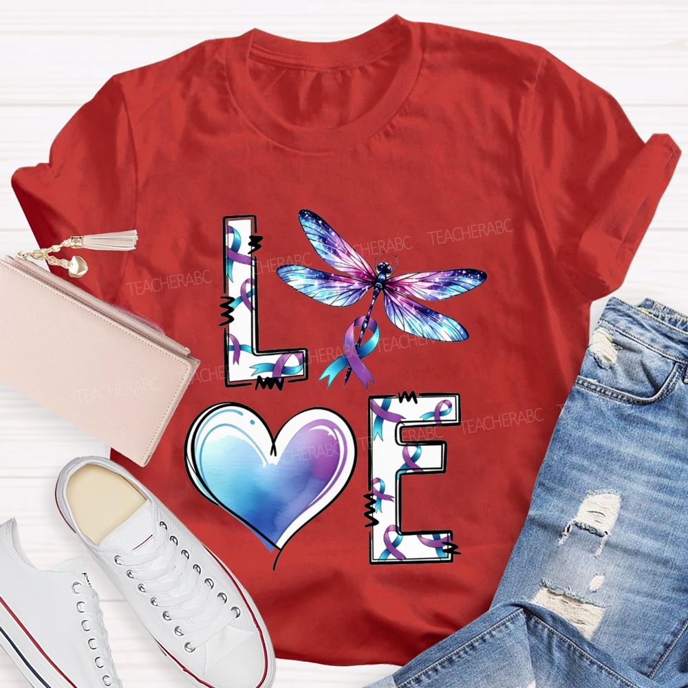 Love Dragonfly Purple Teal Ribbon And Heart Teacher T-shirt