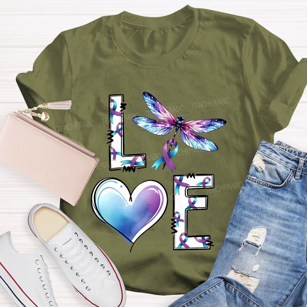 Love Dragonfly Purple Teal Ribbon And Heart Teacher T-shirt