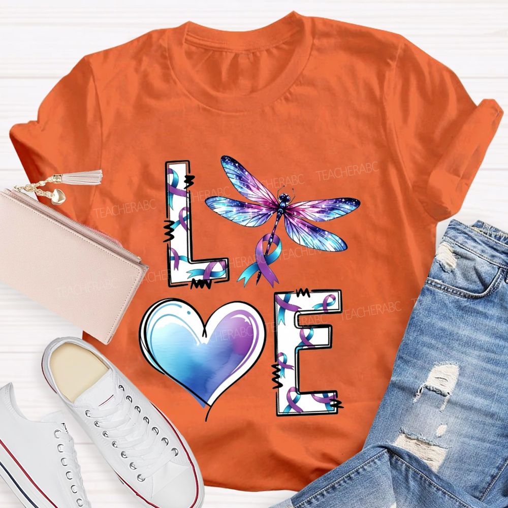 Love Dragonfly Purple Teal Ribbon And Heart Teacher T-shirt