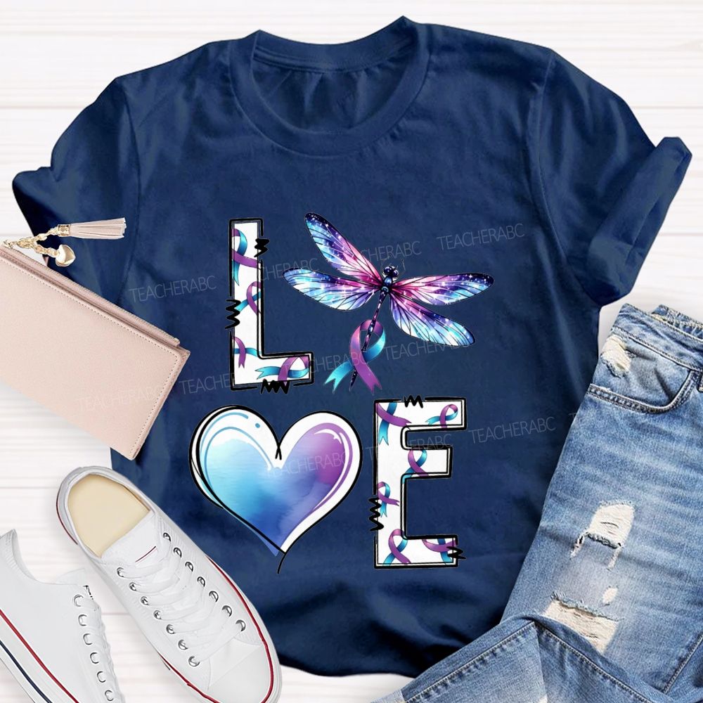 Love Dragonfly Purple Teal Ribbon And Heart Teacher T-shirt