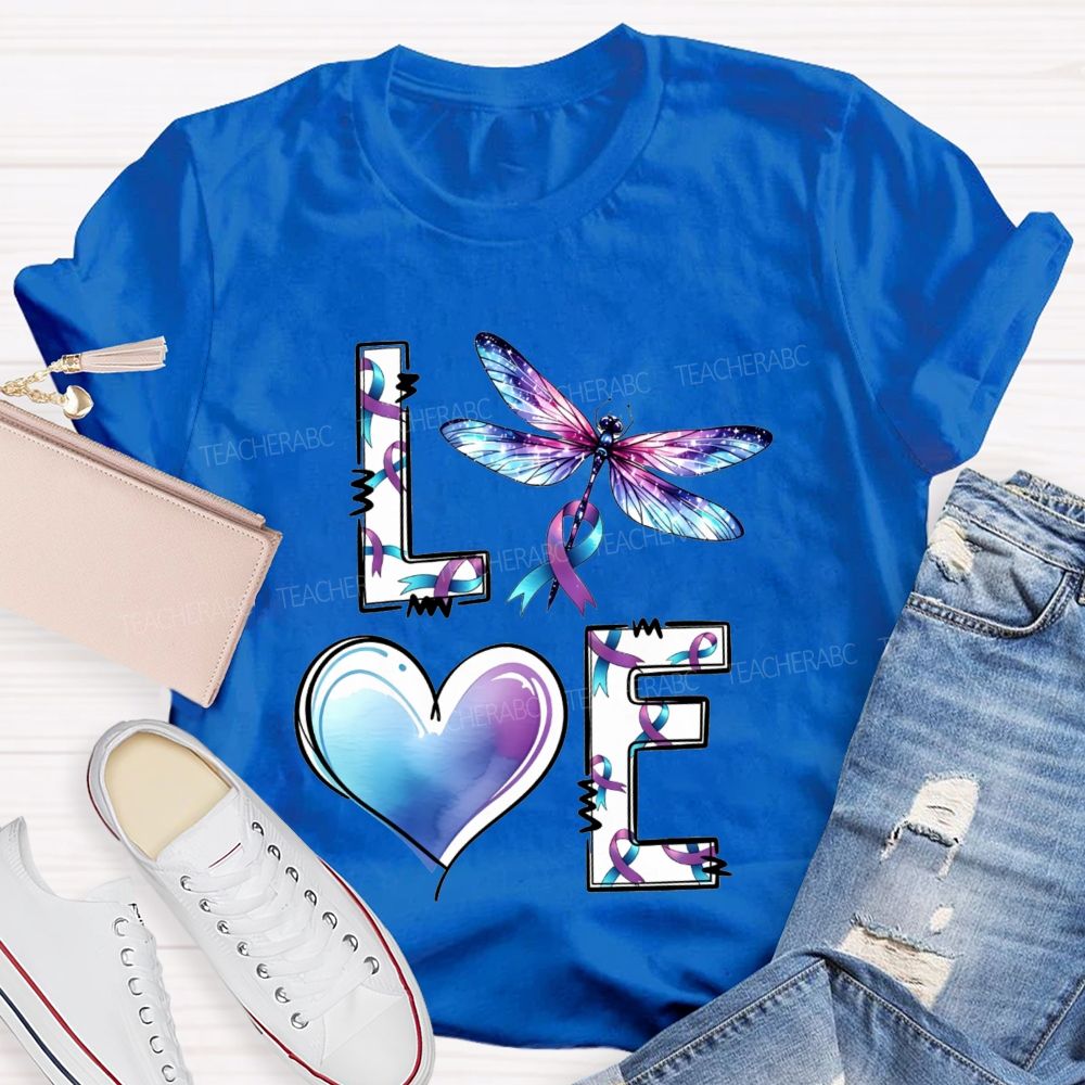 Love Dragonfly Purple Teal Ribbon And Heart Teacher T-shirt