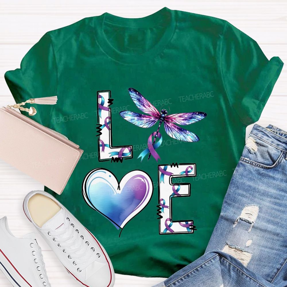 Love Dragonfly Purple Teal Ribbon And Heart Teacher T-shirt