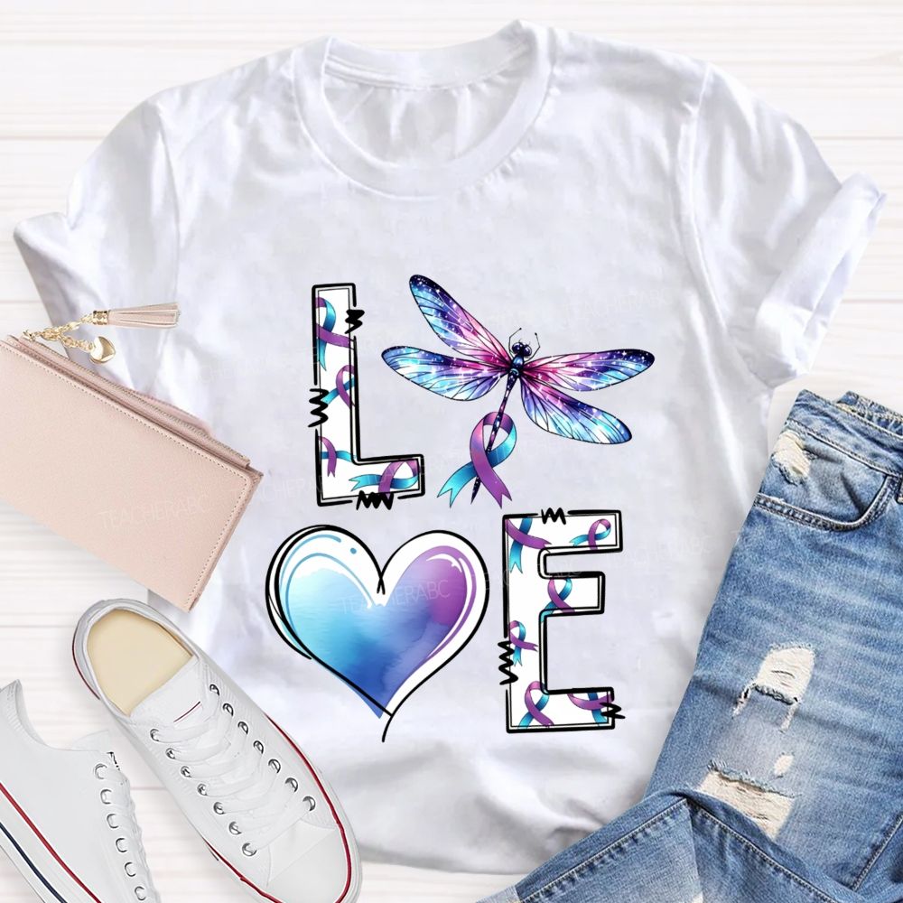 Love Dragonfly Purple Teal Ribbon And Heart Teacher T-shirt