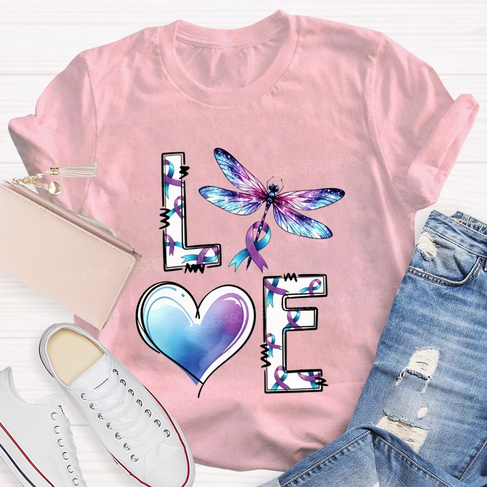 Love Dragonfly Purple Teal Ribbon And Heart Teacher T-shirt