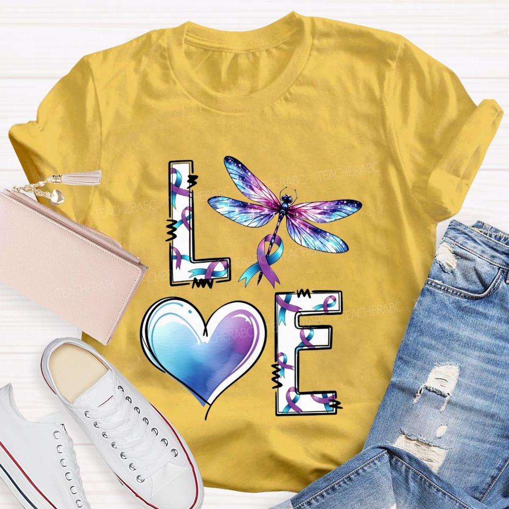 Love Dragonfly Purple Teal Ribbon And Heart Teacher T-shirt