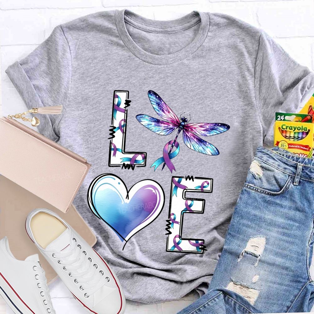 Love Dragonfly Purple Teal Ribbon And Heart Teacher T-shirt