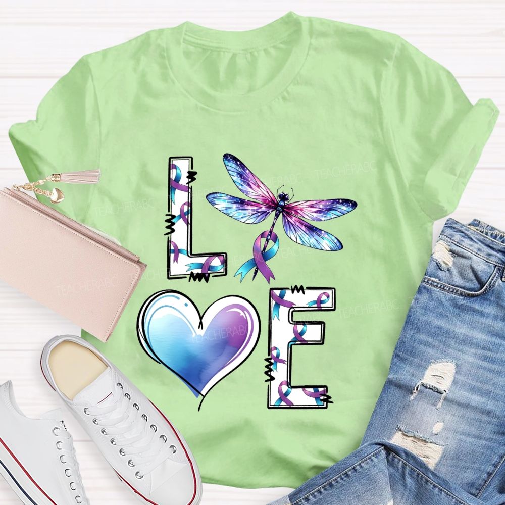Love Dragonfly Purple Teal Ribbon And Heart Teacher T-shirt