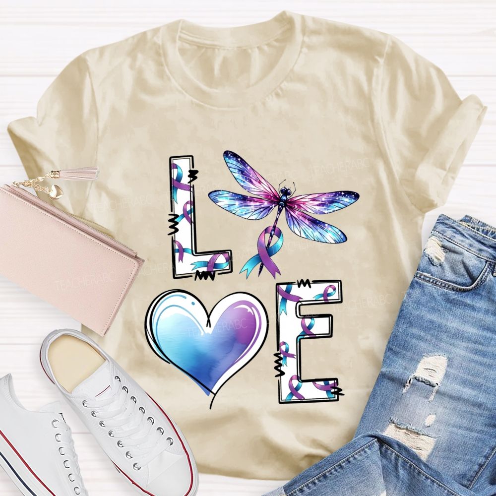 Love Dragonfly Purple Teal Ribbon And Heart Teacher T-shirt