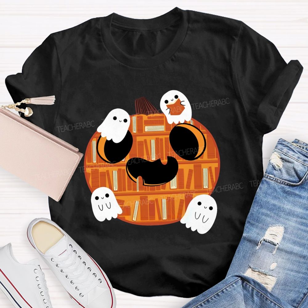 Bookshelf Pumpkin Cute Ghosts Teacher T-shirt