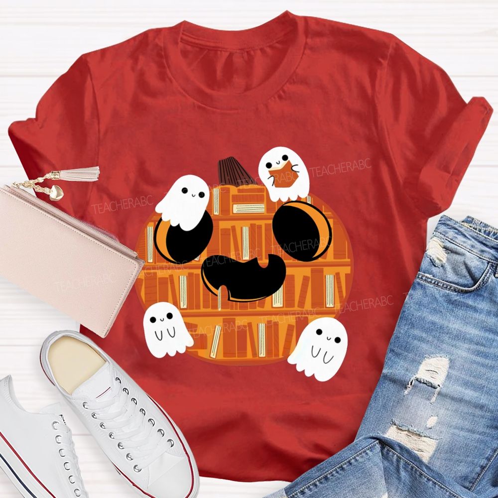 Bookshelf Pumpkin Cute Ghosts Teacher T-shirt