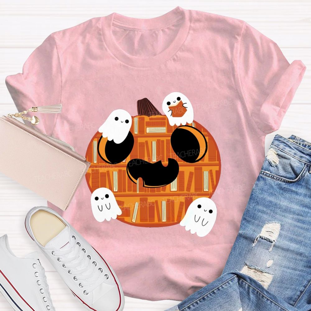 Bookshelf Pumpkin Cute Ghosts Teacher T-shirt