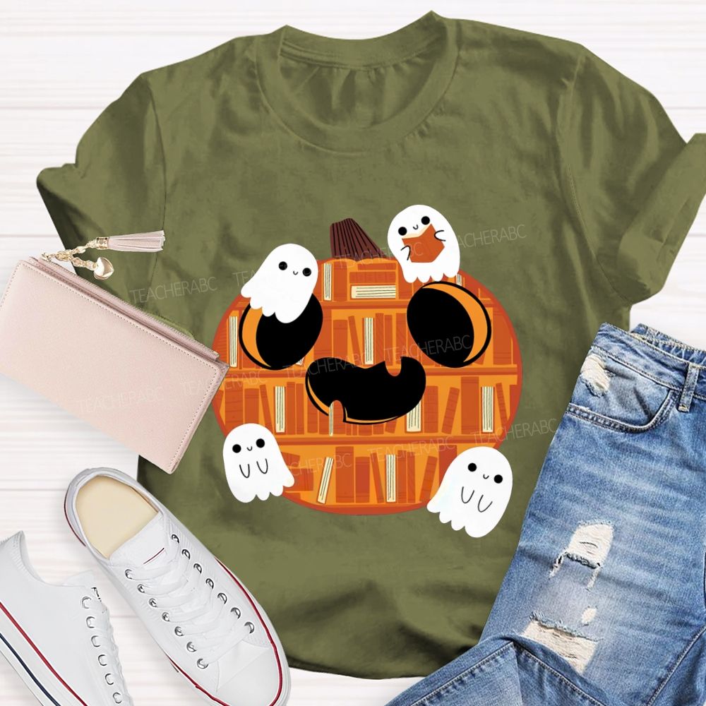 Bookshelf Pumpkin Cute Ghosts Teacher T-shirt