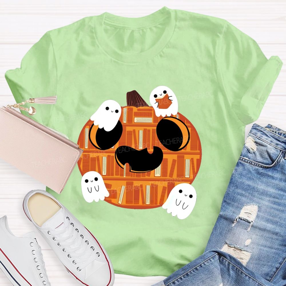 Bookshelf Pumpkin Cute Ghosts Teacher T-shirt